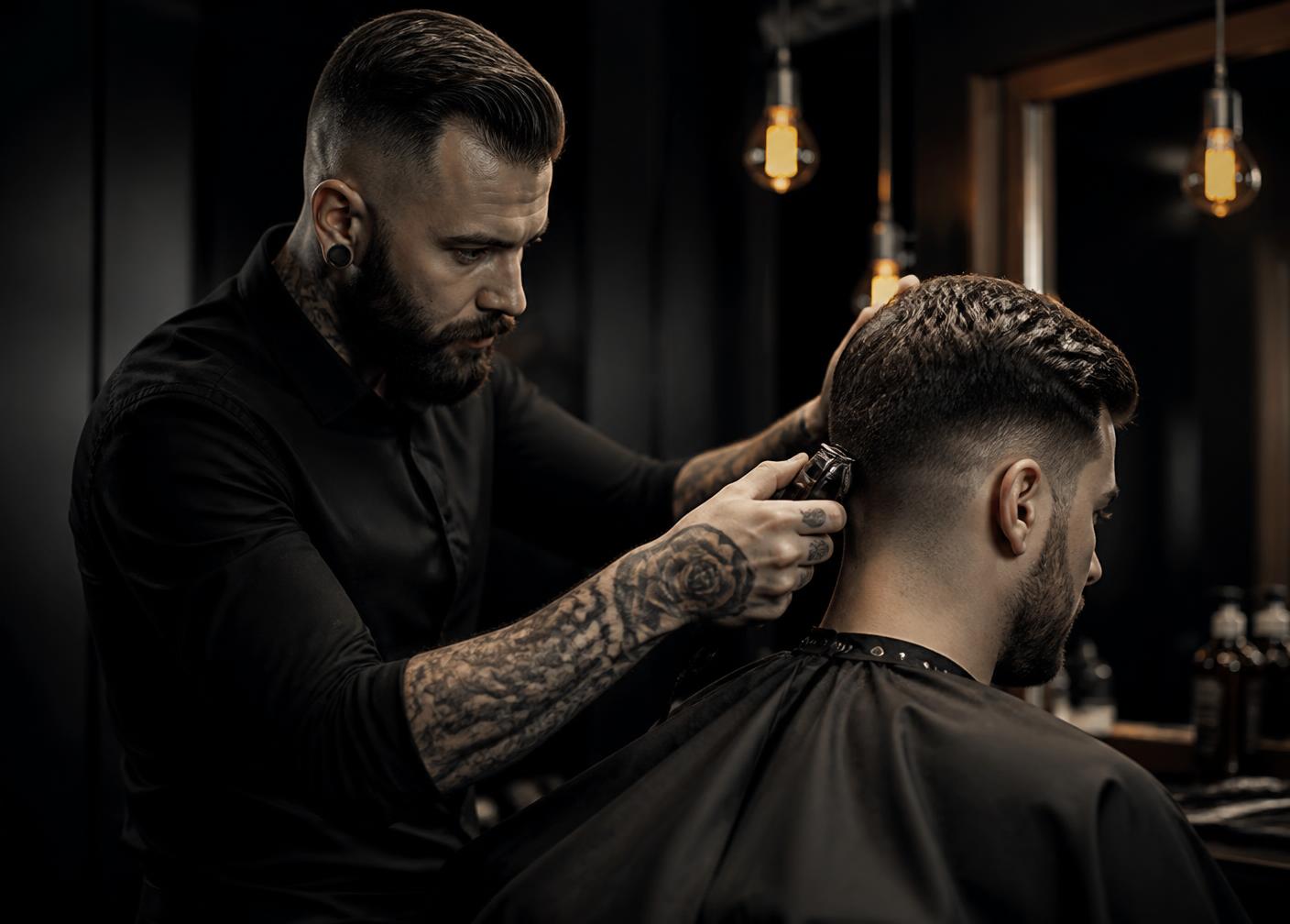 Barbeiro realizando corte degradê em cliente
