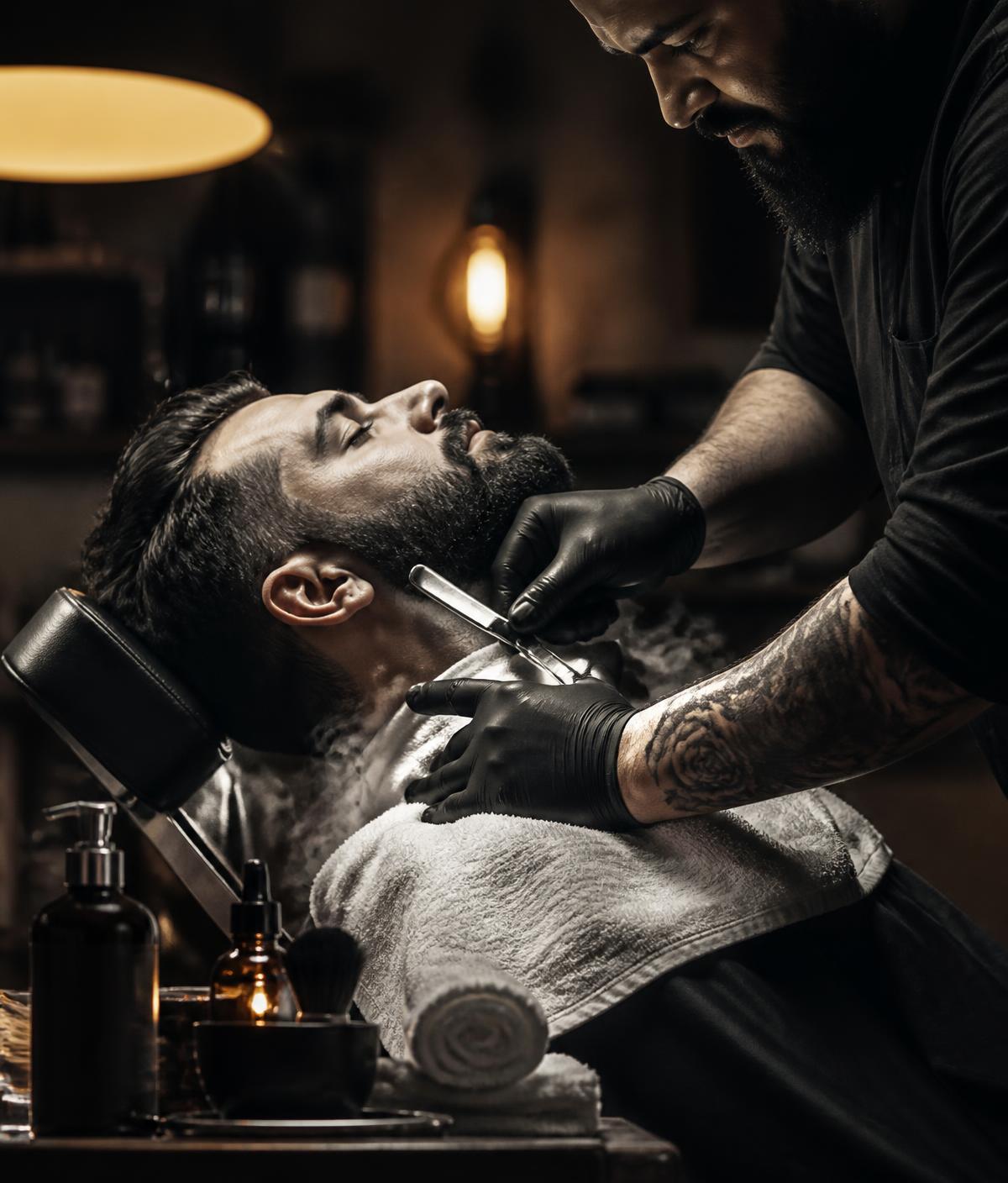 Barbeiro alinhando barba com navalha